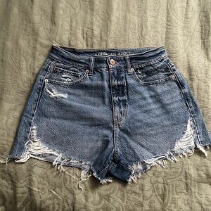 American Eagle Outfitters Blue Highest Rise Mom Short with Frayed Hems